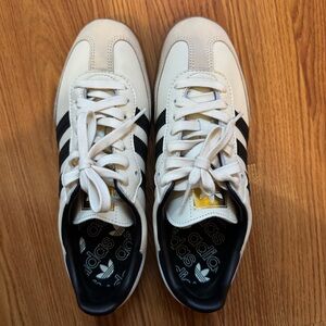 Adidas Samba Shoes in Tan and Black with Gold Details